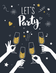 Party invitation template, greeting card, hands of friends with alcohol drinks-making toast. Vector illustration