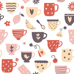 Tea party seamless pattern with cups. Cute vector illustration
