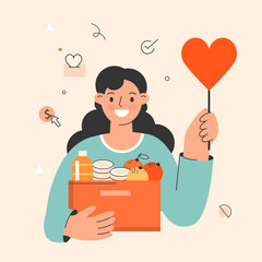 Donation concept illustration, woman volunteer holding donation box and heart-shaped sign, flat vector illustration