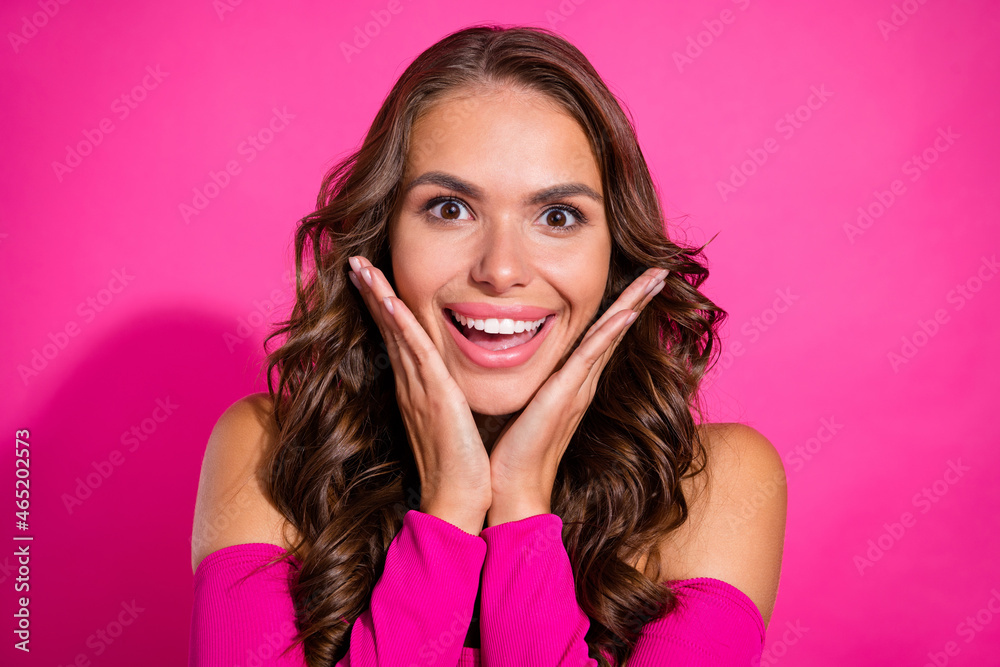 Sticker Photo of impressed pretty cheerful girl hands on cheeks look camera unbelievable isolated on bright pink color background