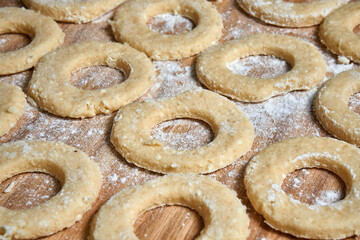 Blank for making curd donuts in the form of rings and balls. Home cooking, dough products