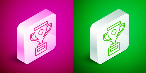 Isometric line Award cup icon isolated on pink and green background. Winner trophy symbol. Championship or competition trophy. Sports achievement sign. Silver square button. Vector