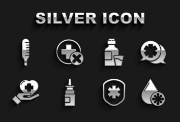 Set Bottle nasal spray, Dialogue with the doctor, Blood test and virus, Medical shield cross, Heart, of medicine syrup, thermometer and Cross hospital medical icon. Vector