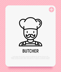 Butcher with mustache and hat thin line icon. Modern vector illustration.