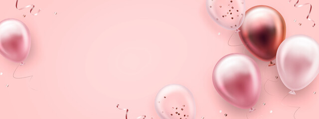 Vector holiday elegant greeting card or banner with golden, pink and white balloons and falling confetti. Vector illustration