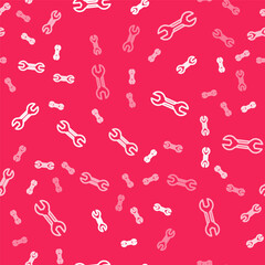 White line Wrench spanner icon isolated seamless pattern on red background. Spanner repair tool. Service tool symbol. Vector