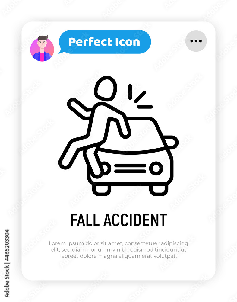 Wall mural Fall accident thin line icon. Pedestrian is hitten by a car. Modern vector illustration of road safety.