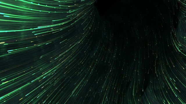 Sci-fi portal with green light trails stream. Futuristic digital technologies design. 3D render seamless loop animation