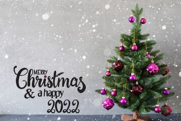 Christmas Tree, Purple Ball, Merry Christmas And A Happy 2022, Snowflakes