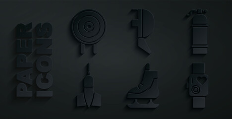 Set Skates, Aqualung, Dart arrow, Smart watch showing heart beat rate, Fencing helmet mask and Target sport icon. Vector