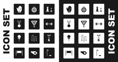 Set Chess, Billiard balls in rack triangle, Medal, Baseball glove, Dumbbell, Classic dart board, Golf club and on tee icon. Vector