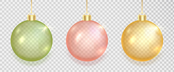Gold, green, red Christmas balls set. 3d luxury bauble design element. Xmas golden decoration. Clear glass hang toy. New year gift. Glitter sphere. Festive present card. Vector illustration