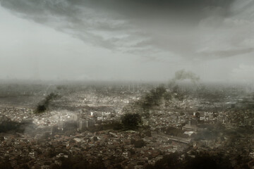 Fototapeta premium Dramatic view of cityscape with dark cloudscapes