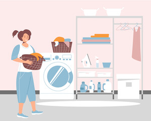 A happy woman in the laundry room. The girl brought the laundry. Vector flat illustration
