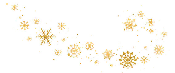 Gold snowflakes wave on white background. Luxury Christmas garland border. Falling golden snowflakes with different ornament. Winter ornament for packaging, card, invitation, web. Vector illustration