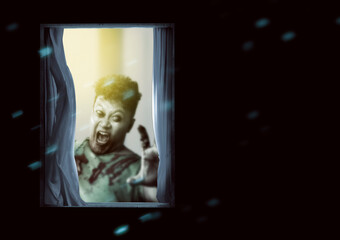 Scary zombie with blood and wound on his body standing