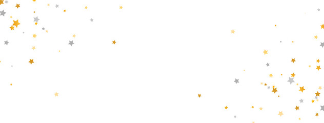 Golden and silver stars on white background. Starry frame. Glitter elegant design element. Gold shooting star. Stardust trail. Galaxy magic decoration. Christmas texture. Vector illustration