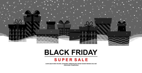 Obraz premium Black Friday Super Sale template. Background with black gifts boxes and bows in the snow. Horizontal banner, poster. vector illustration