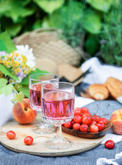Set for picnic on blanket in lavender field
