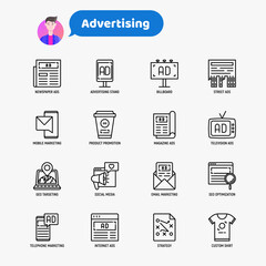 Advertising thin line icons set: billboard, street ads, newspaper, magazine, product promotion, email, GEO targeting, social media, strategy, custom shirt, internet, banner. Vector illustration.