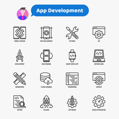 App development thin line icons set: writing code, multitasking, smart watch app, engineering, updates, cloud database, testing, speed optimization, API, mobile syncing. Modern vector illustration.