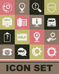 Set Lifebuoy, Settings in the hand, Laptop help, Unknown search, Telephone, Computer monitor, 24 hours support and Information icon. Vector