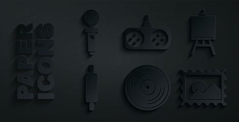 Set Vinyl disk, Easel or painting art boards, Rolling pin, Postal stamp, Gamepad and Joystick for arcade machine icon. Vector
