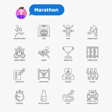 Marathon thin line icons set: runner, start, finish, running shoes, bottle of water, route, award, changing room, memory photo, donation, fan zone. Vector illustration.