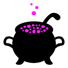 Cauldron of boiling potion. Silhouette. Bubbles of pink color fly upwards. Vector illustration. Isolated white background. Witch brew in a metal pot. Halloween symbol. Decoration for All Saints Day. 