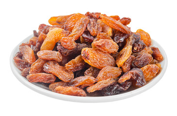Golden dried raisins in white plate isolated on white background.