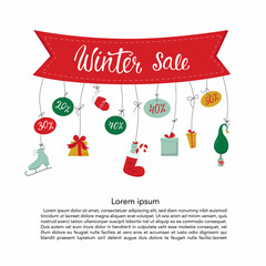 Winter sale banner with Christmas gift illustration, handwritten lettering sign and decorative elements. Vector stock illustration isolated on white background for print invitation on shopping. 