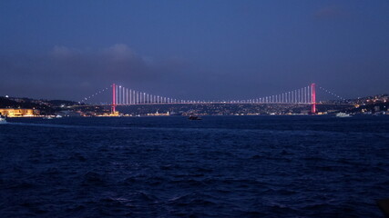 Bosphorus, Fatih Sultan Mehmet Bridge and its surroundings in the evening from the ship