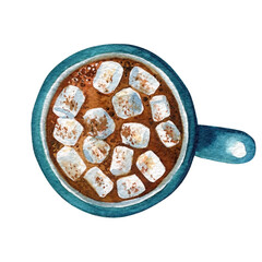 Cup coffee, cocoa and marshmallow, watercolor drawing