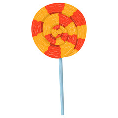 Cartoon illustration with candy on stick in yellow and red colors. Vector hand drawn graphic. Single food isolated art.