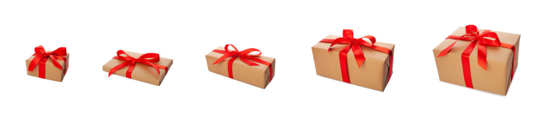 Beautiful wrapped gift boxes with red ribbon on white background. Set of presents for Christmas or...