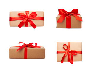 Beautiful wrapped gift boxes with red ribbon on white background. Set of presents for Christmas or Valentine's Day. 