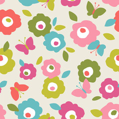 Cute simple flower and butterfly pattern vector background.