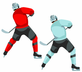 A hockey player in a sports uniform swings a stick from the back