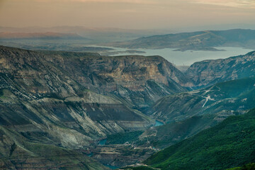 Mountain river landscape. Wild turquoise river in a mountain canyon, top view. The Sulak canyon Caucasus, Dagestan, Russia.