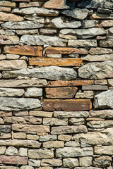 Masonry wall of old stone blocks of limestone. Background texture of ancient brick wall