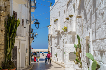 Narrow walkway between white buildings. Italy, Apulia, Metropolitan City of Bari, Monopoli, Puglia,...