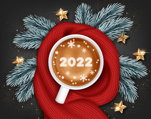 Cup of coffee swathed in scarf. Background for New Year or Christmas card