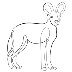 Hyena in single line vector illustration isolated on white background. Lycaon pictus logo. Hyena line art for background, tatto, logo identity.