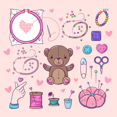 Hand made. Set of elements for sewing and hand craft in doodle style