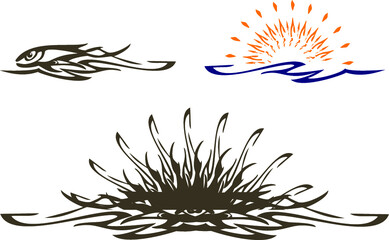 Fish symbol and sun with wave element for your creative design. Wave fish, wave sun and lotus icons for business concepts, textiles, prints, logos, tattoos, emblems, embroidery, restaurant menu, etc.