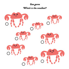 Fototapeta premium Children's educational game. Find the smallest item. A game of size. Cute crab