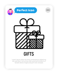 Gifts with bow thin line icon. Modern vector illustration.