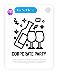 Naklejka premium Open bottle of champagne and two glasses thin line icon. Alcohol. Vector illustration.