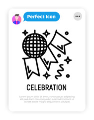 Celebration, disco ball and garland, party decoration thin line icon. Modern vector illustration.