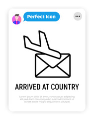 Avia delivery thin line icon, arrived at country sign. Plane and envelope. Modern vector illustration.